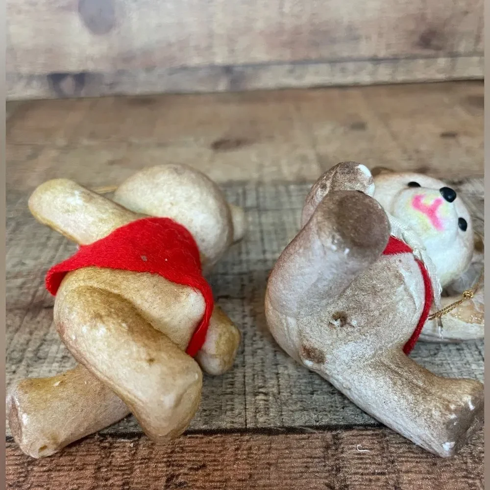 Vintage 1960’s Flocked Teddy Bear Christmas Ornaments-set Of 2 Red Felt/Bow Ties